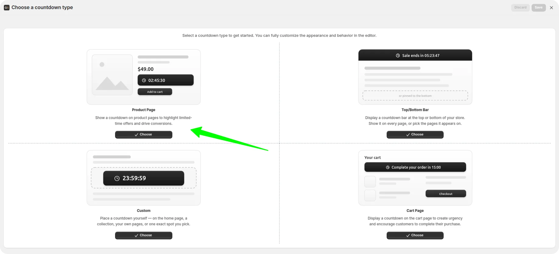 Countdown type picker showing Product Page, Top Bottom Bar, Custom and Cart Page options