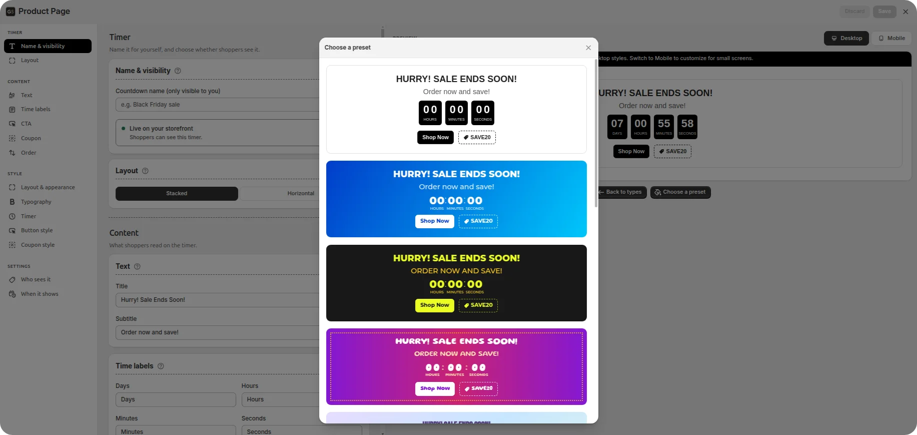 Preset picker showing ready-made countdown timer designs in different colour schemes