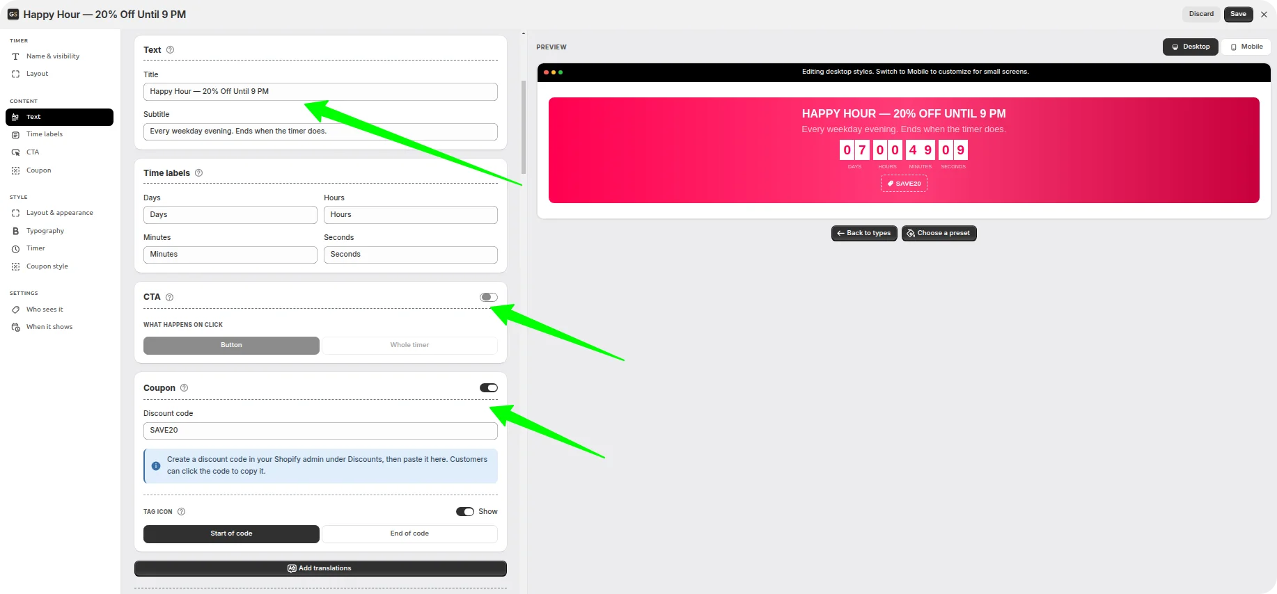 Content tab with a happy hour title and subtitle written and the coupon card switched on with a code