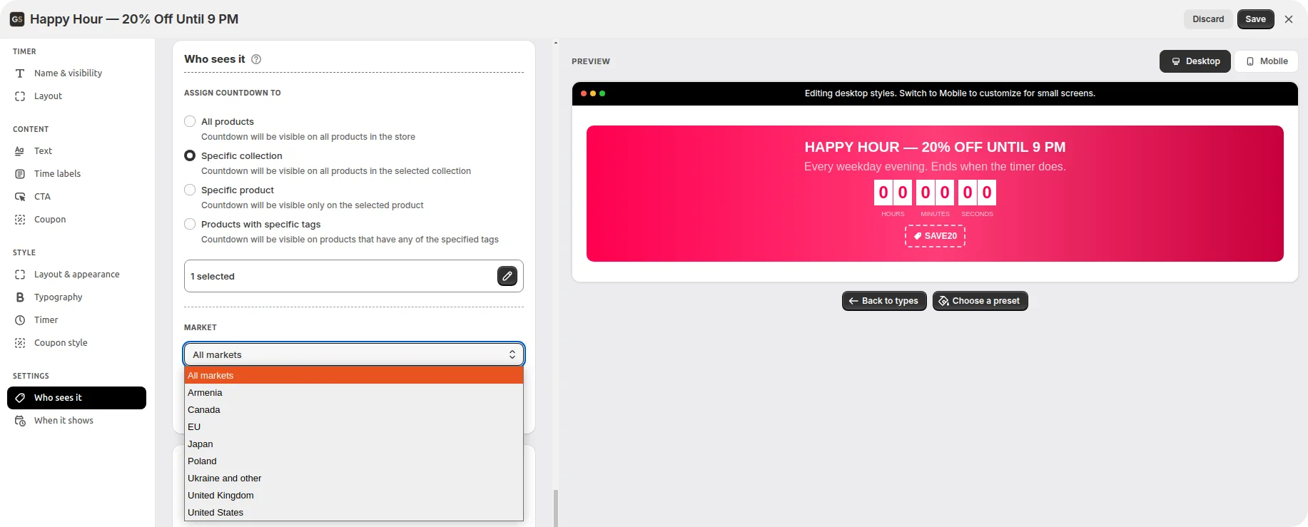 Targeting card with products selected by tag for a flash sale and a market dropdown set to all markets